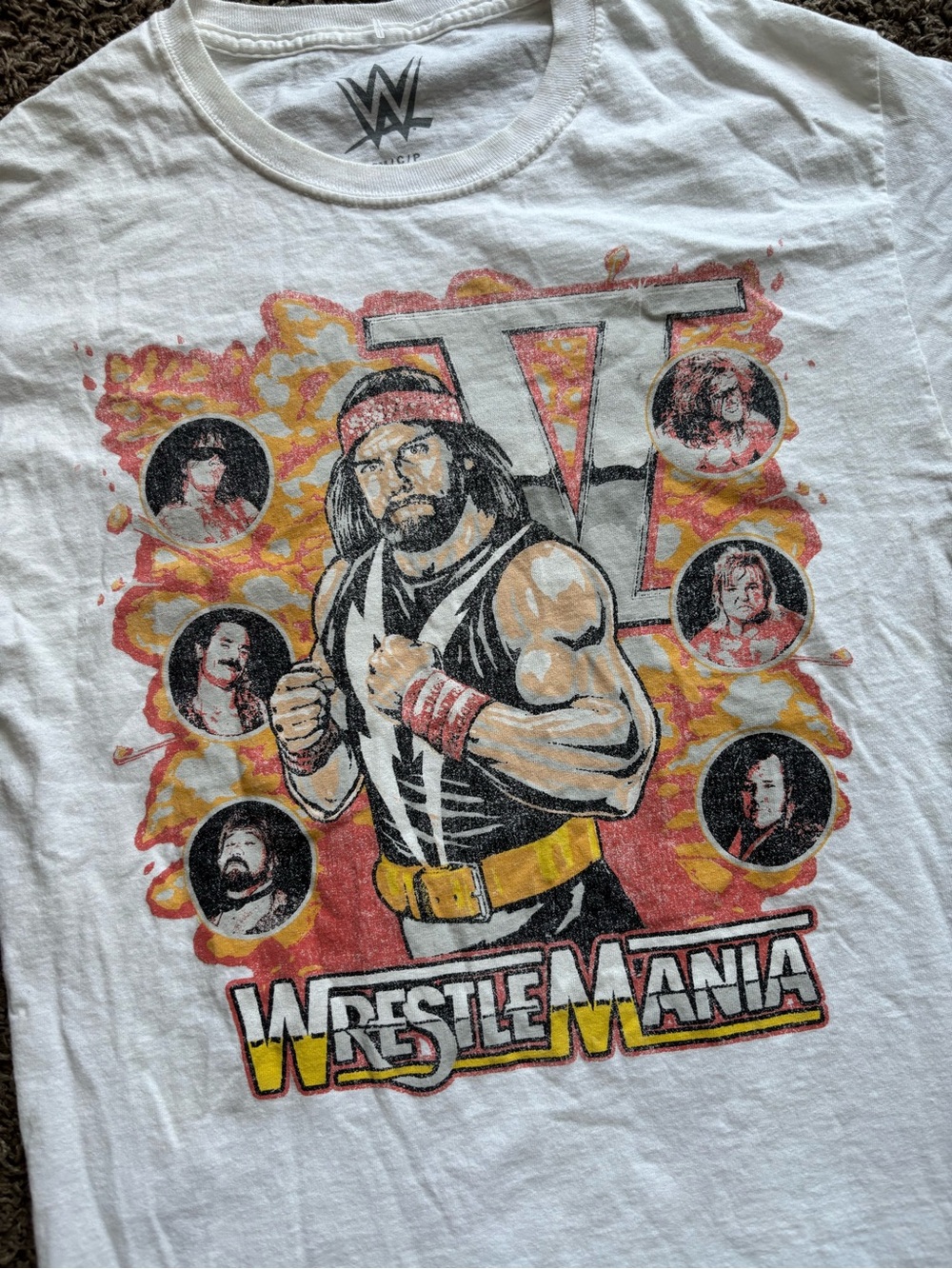 WWE White WrestleMania Graphic Tee with Yellow & Red Accents